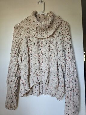 Ivory Speckled Cable Knit Turtleneck Sweater